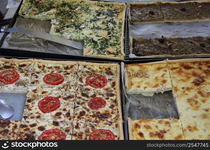 Square pizza at a market in the Provence, France