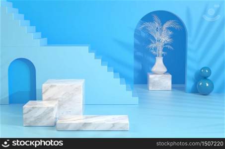 Square podium stage marble set with blue sky color background, 3D illustration