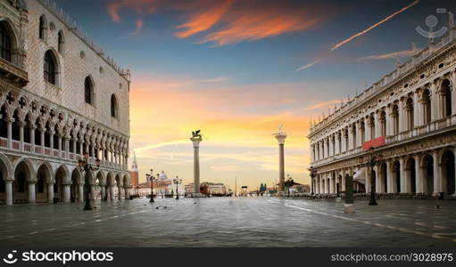 Square San Marco with the view on Palazzo Ducale and San Giorgio Maggiore in Venice at sunrise, Italy. View on Palazzo Ducale . View on Palazzo Ducale