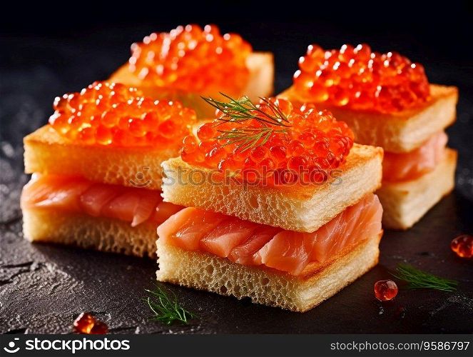 Square sandwiches with red salmon trout caviar on black.Ai Generative