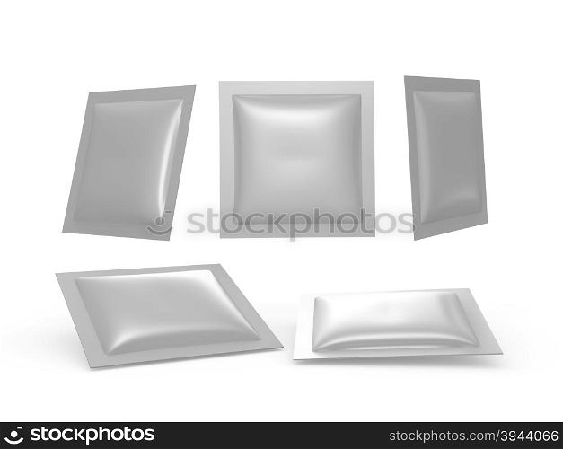 Square silver foil heat sealed packet with clipping path. Packing or wrapper for sweet, snack, milk bar, coffee, salt, sugar, medicine drug, cooling gel patch, condom, seed, or paper wipe, ready for your design or artwork