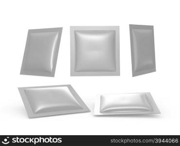 Square silver foil heat sealed packet with clipping path. Packing or wrapper for sweet, snack, milk bar, coffee, salt, sugar, medicine drug, cooling gel patch, condom, seed, or paper wipe, ready for your design or artwork