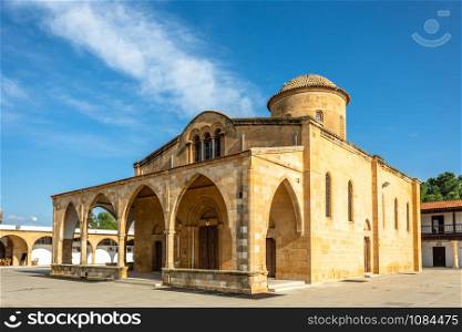 Square with Agios Mamas church with bell tower, Guzelyurt, Morphou, North Cyprus