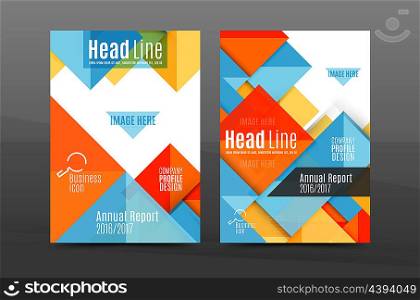 Squares and triangles annual report cover template. Color business brochure template, front page, A4 size, leaflet abstract background, magazine design, flyer layout