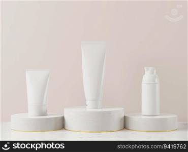 Squeeze bottle and pump bottle for cosmetics on pink background., 3d style.