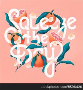 Squeeze the day lettering illustration with oranges. Hand lettering  fruit and floral design in bright colors. Colorful illustration.