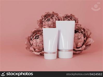 Squeeze tube for applying cream or cosmetics on a pastel pink background.