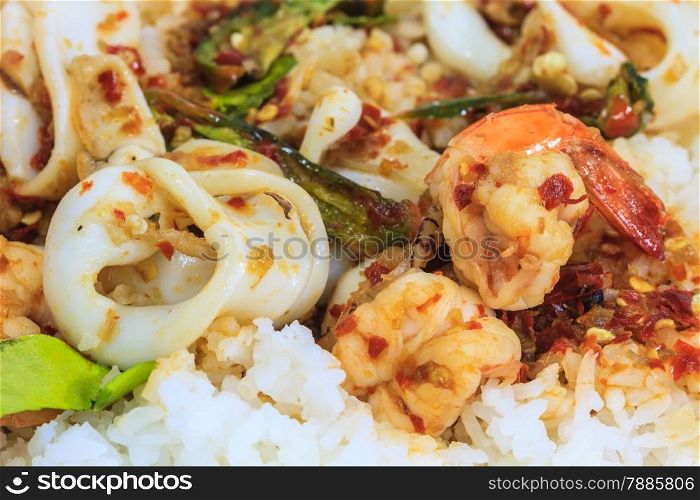 Squid and shrimp fried with chili paste thai style food