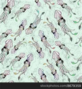 Squid Animal Sea Life Seamless Pattern On Wave Background With Bubble, Octopus Background Wallpaper. Squid pattern seamless. calamary background. Artistic illustration