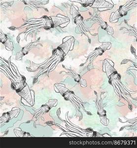 Squid Animal Sea Life Seamless Pattern On Wave Background With Bubble, Octopus Background Wallpaper. Squid pattern seamless. calamary background. Artistic illustration