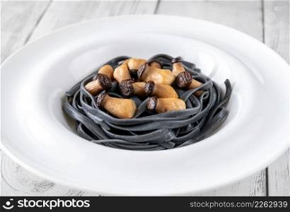 Squid ink linguine pasta with baby mushrooms