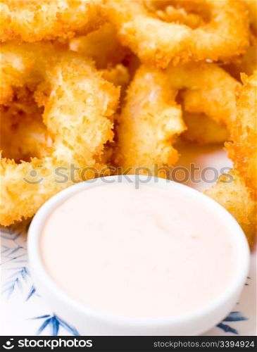 squid rings, fried in batter, mayonnaise, macro
