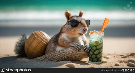 squirrel is on summer vacation at seaside resort and relaxing on summer beach