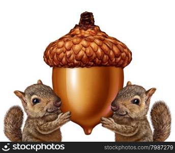 Squirrels holding an acorn as friendly teamwork of cute furry rodent characters gripping a giant nut signage for advertising and marketing as a message from animal wildlife or as a symbol of savings and financial investment of assets.