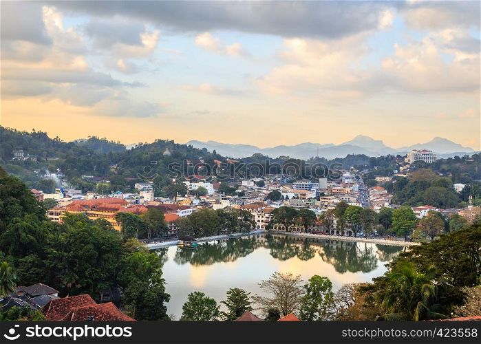 Srilankan Kandy city panorama with lake in the foreground, Central province, Sri Lanka