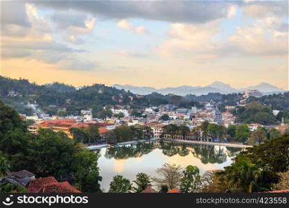 Srilankan Kandy city panorama with lake in the foreground, Central province, Sri Lanka