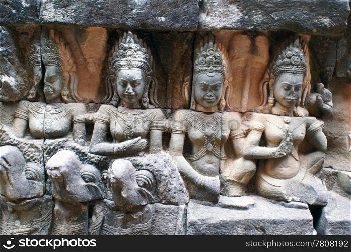 Srone girls on the wall of temple, Angkor, Cambodia