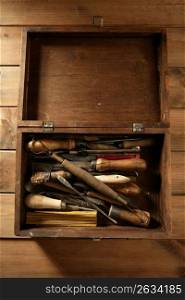 srtist hand tools for handcraft works on golden wood background