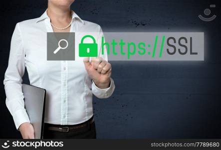 SSL Browser touchscreen is shown by businesswoman.. SSL Browser touchscreen is shown by businesswoman