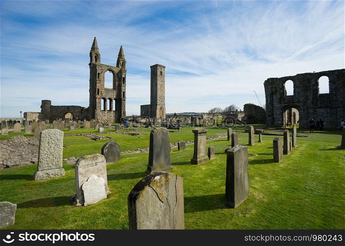 ST ANDREW, SCOTLAND APRIL 10, 2015: St Andrew cathedral in Scotland on sunny day
