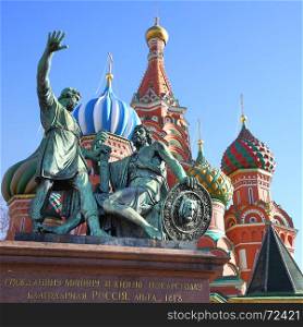 St. Basil's cathedral and monument to Minin and Pozharsky on the Red square in Moscow, Russia