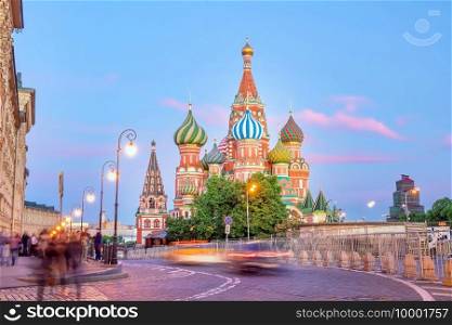 St. Basil’s Cathedral on Red Square in Moscow Russia at sunset