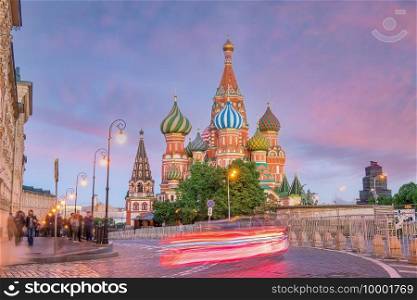 St. Basil’s Cathedral on Red Square in Moscow Russia at sunset