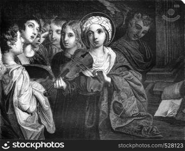 St. Cecilia, by Domenichino, vintage engraved illustration. Magasin Pittoresque 1847.