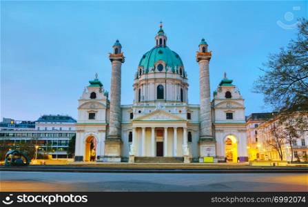 St. Charles&rsquo;s Church (Karlskirche) at sunrise in Vienna, Austria