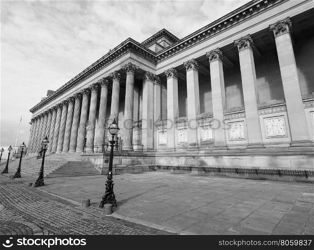 St George Hall in Liverpool. St George Hall concert halls and law courts on Lime Street in Liverpool, UK in black and white