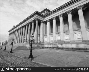 St George Hall in Liverpool. St George Hall concert halls and law courts on Lime Street in Liverpool, UK in black and white