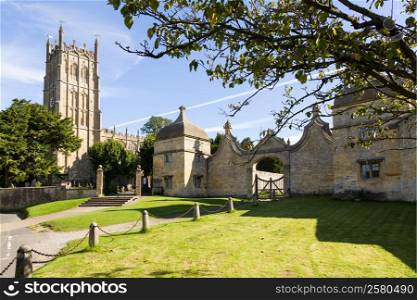 St James Church and gateway to Campden house in old Cotswold town of Chipping Campden