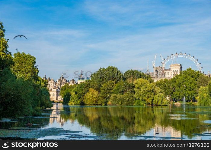 St James&rsquo;s Park in London with London Eye in the background on a beautiful summer afternoon