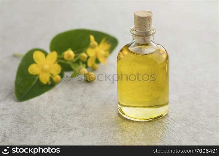 St John&rsquo;s wort flower and a bottle of herbal oil
