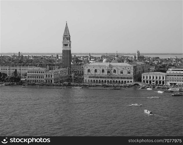 St Mark square in Venice in black and white. Piazza San Marco (meaning St Mark square) in Venice, Italy in black and white
