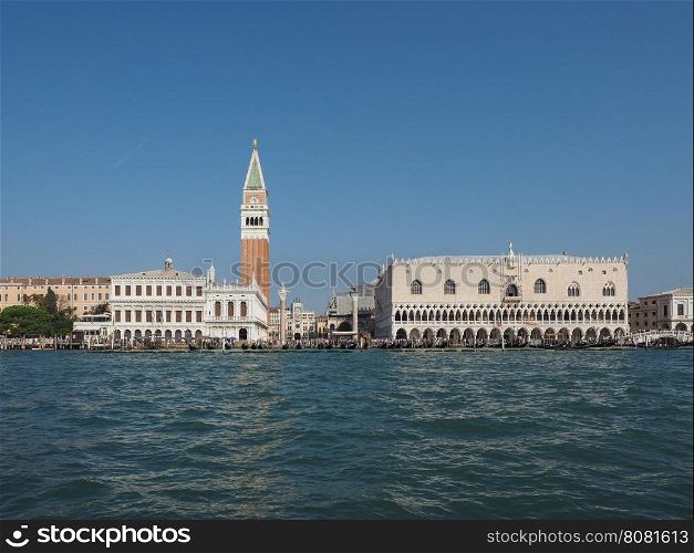 St Mark square seen fron St Mark basin in Venice. Piazza San Marco (meaning St Mark square) seen from San Marco basin in Venice, Italy