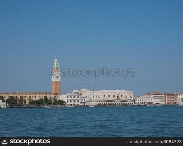 St Mark square seen fron St Mark basin in Venice. Piazza San Marco (meaning St Mark square) seen from San Marco basin in Venice, Italy