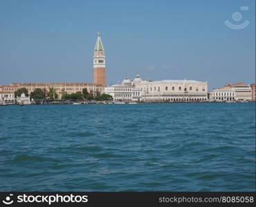 St Mark square seen fron St Mark basin in Venice. Piazza San Marco (meaning St Mark square) seen from San Marco basin in Venice, Italy