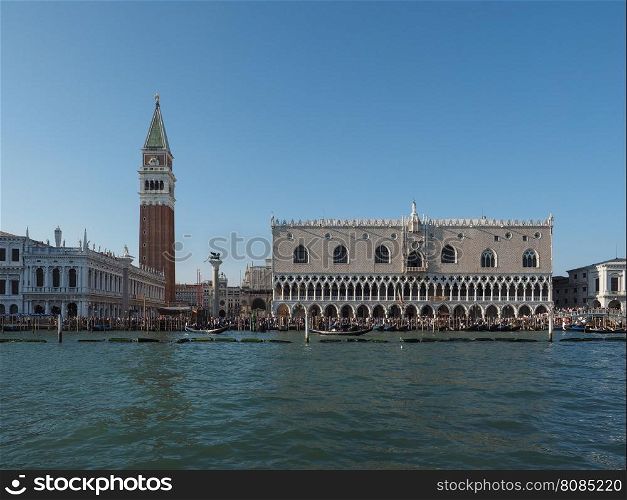 St Mark square seen fron St Mark basin in Venice. Piazza San Marco (meaning St Mark square) seen from San Marco basin in Venice, Italy