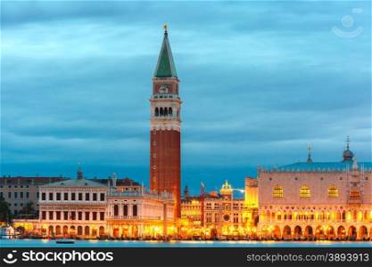 St Marks Campanile and Doges Palace at night, Venice, Italy