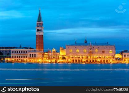 St. Marks Campanile and Doges Palace at night, Venice, Italy