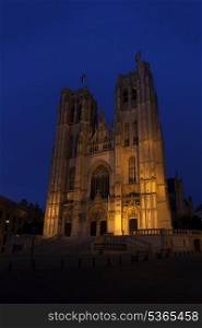 St. Michael and Gudula Cathedral, Brussels, Belgium illuminated at night&#xA;