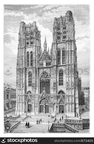 St. Michael and St. Gudula Cathedral in Brussels, Belgium, drawing by Catenacci based on a photograph, vintage illustration. Le Tour du Monde, Travel Journal, 1881