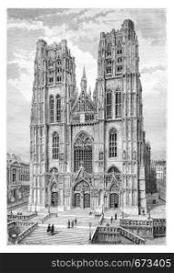 St. Michael and St. Gudula Cathedral in Brussels, Belgium, drawing by Catenacci based on a photograph, vintage illustration. Le Tour du Monde, Travel Journal, 1881