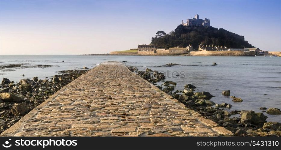 St Michael&rsquo;s Mount Bay Marazion early morning with path revealed as tide goes out