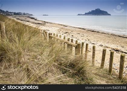 St Michael&rsquo;s Mount Bay Marazion landscape viewed through sand dunes Cornwall England