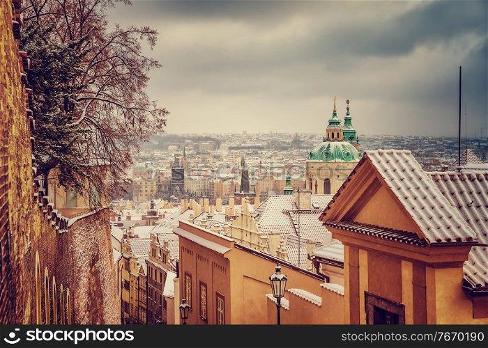 St.Nicholas church in Prague, Czech republic, beautiful architecture in baroque style, wonderful vintage cityscape in the winter