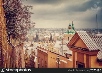 St.Nicholas church in Prague, Czech republic, beautiful architecture in baroque style, wonderful vintage cityscape in the winter