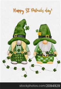 St Patrick day leprechaun in green hat with four leaves clovers,Greeting card Gnomes with shamrock a luck symbols.illustration Watercolour green Scandinavian dwarf collection in Celtic Irish style