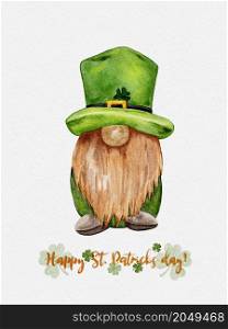 St Patrick day leprechaun with four leaves clovers, Greeting card a gnomes with shamrock a luck symbols. illustration Watercolour green Scandinavian Dwarfs collection in Celtic, Irish style
